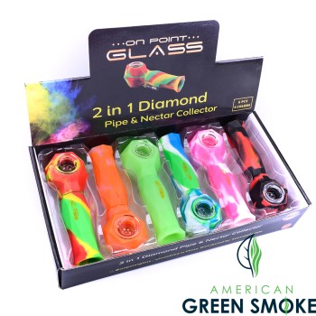 ON POINT GLASS 2 IN 1 DIAMOND SILICONE HAND PIPE & NECTAR COLLECTOR-ASSORTED COLORS (DISPLAY OF 6) (MSRP $14.99 EACH)