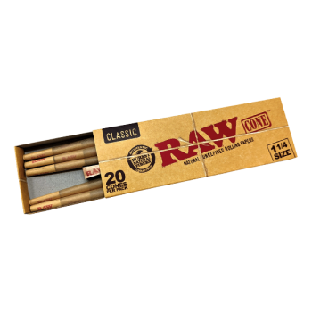 RAW CLASSIC PRE-ROLL CONE 1 1/4 SIZE 84MM/24MM - 20 CONES PER PACK (12 COUNT DISPLAY) (MSRP $8.99 EACH)
